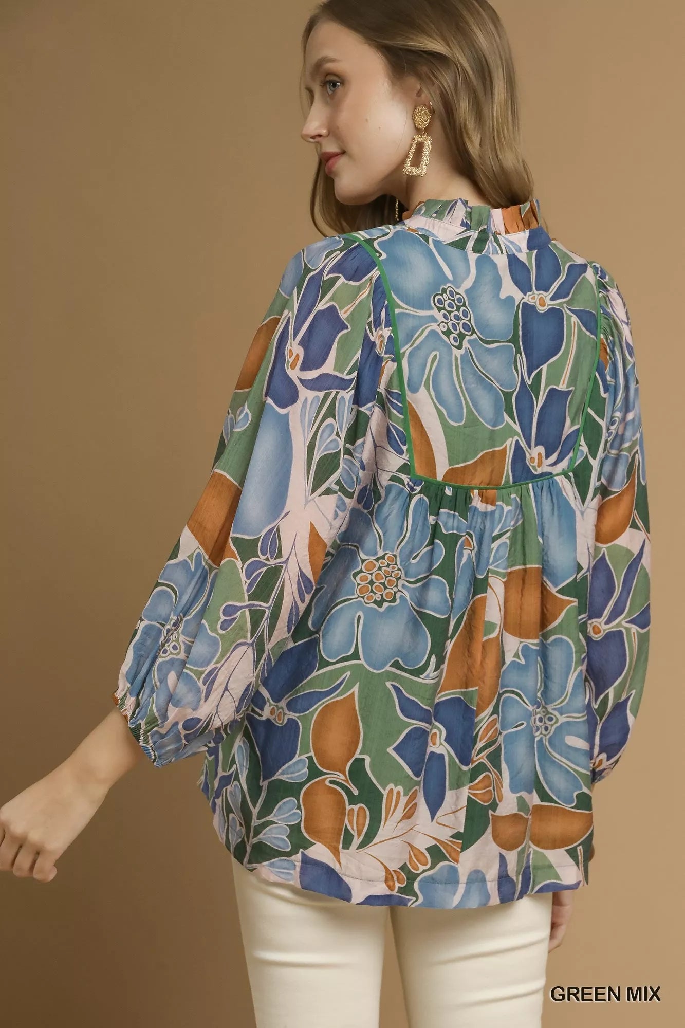 Multicolor Abstract Floral Print Blouse with Ruffle Neck