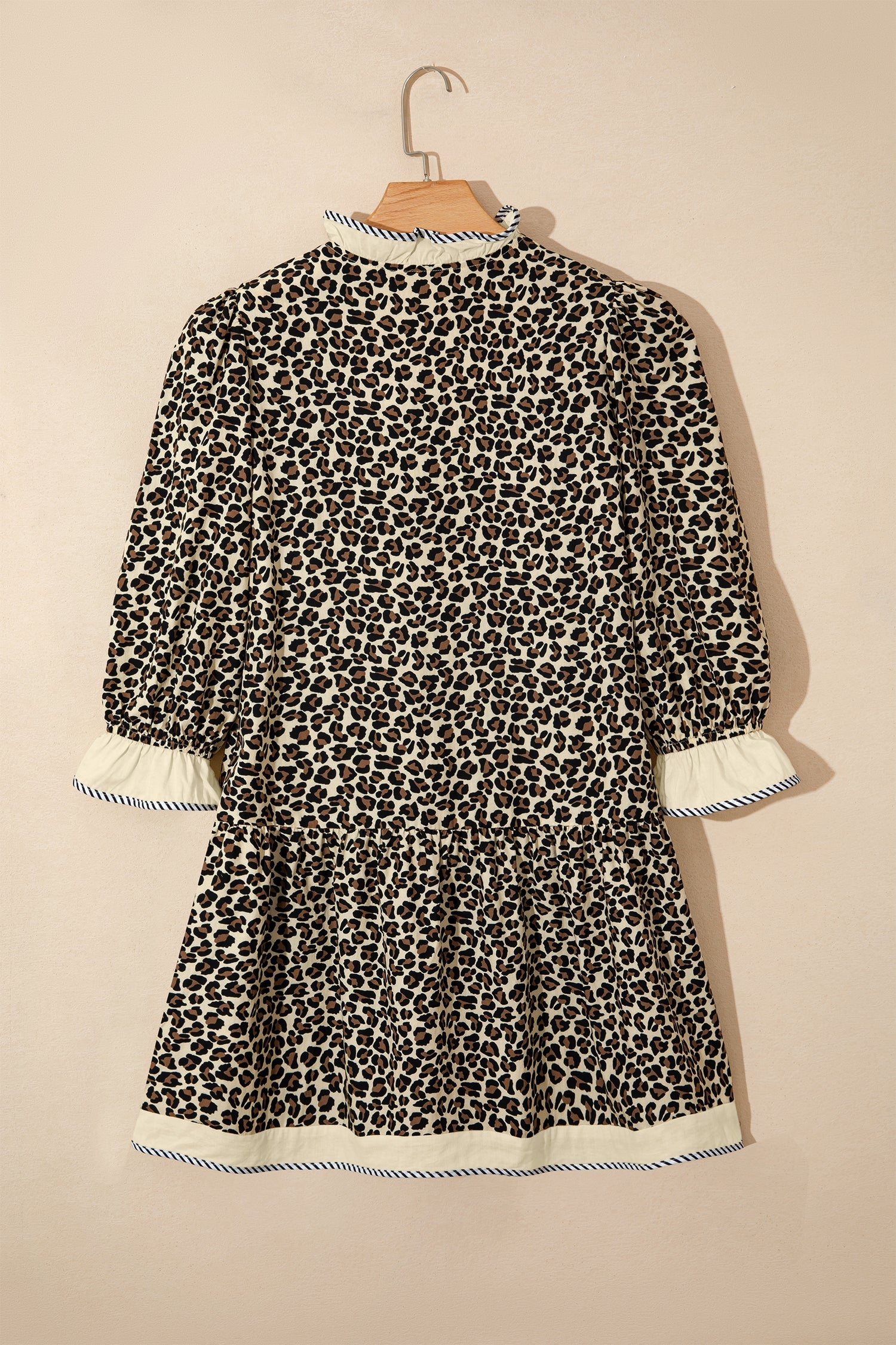 Black Leopard Print Striped Color Block Trim V Neck Bracelet Sleeve Mini Dress