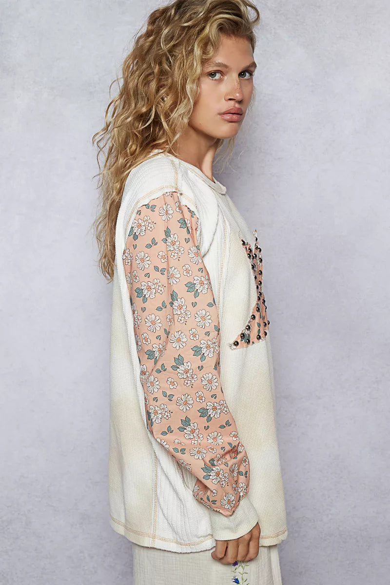 Exposed Seam Star Patch Thermal Top with Floral Sleeves