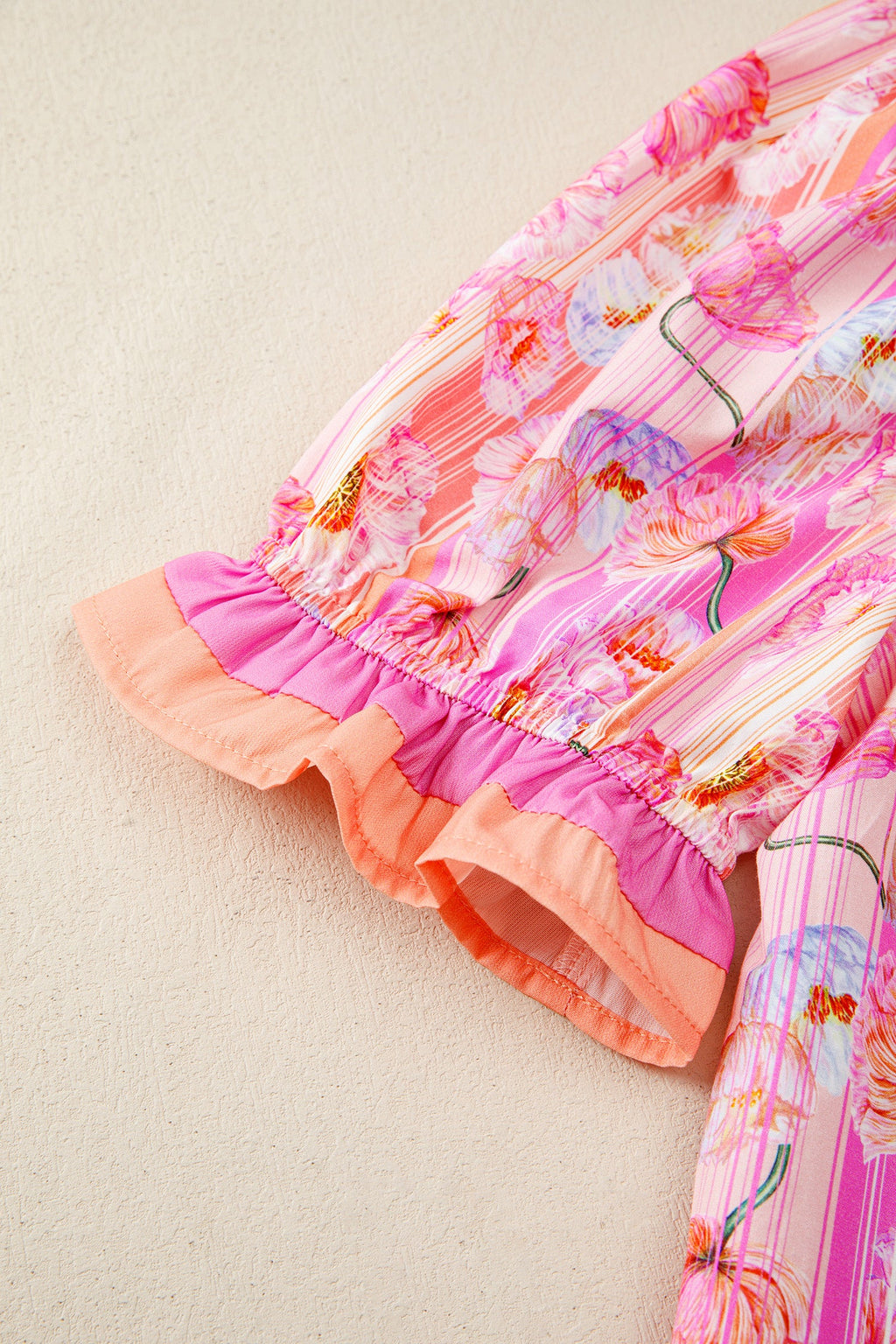 Pink Poppy Flower Striped Print Color Block Trim V Neck Short Sleeve Blouse