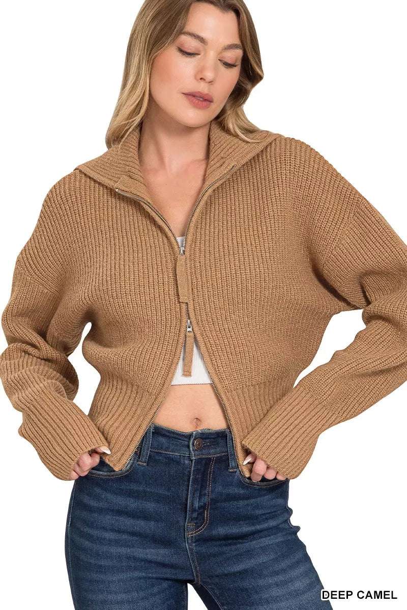 Ribbed Collared Zip Up Sweater Cardigan