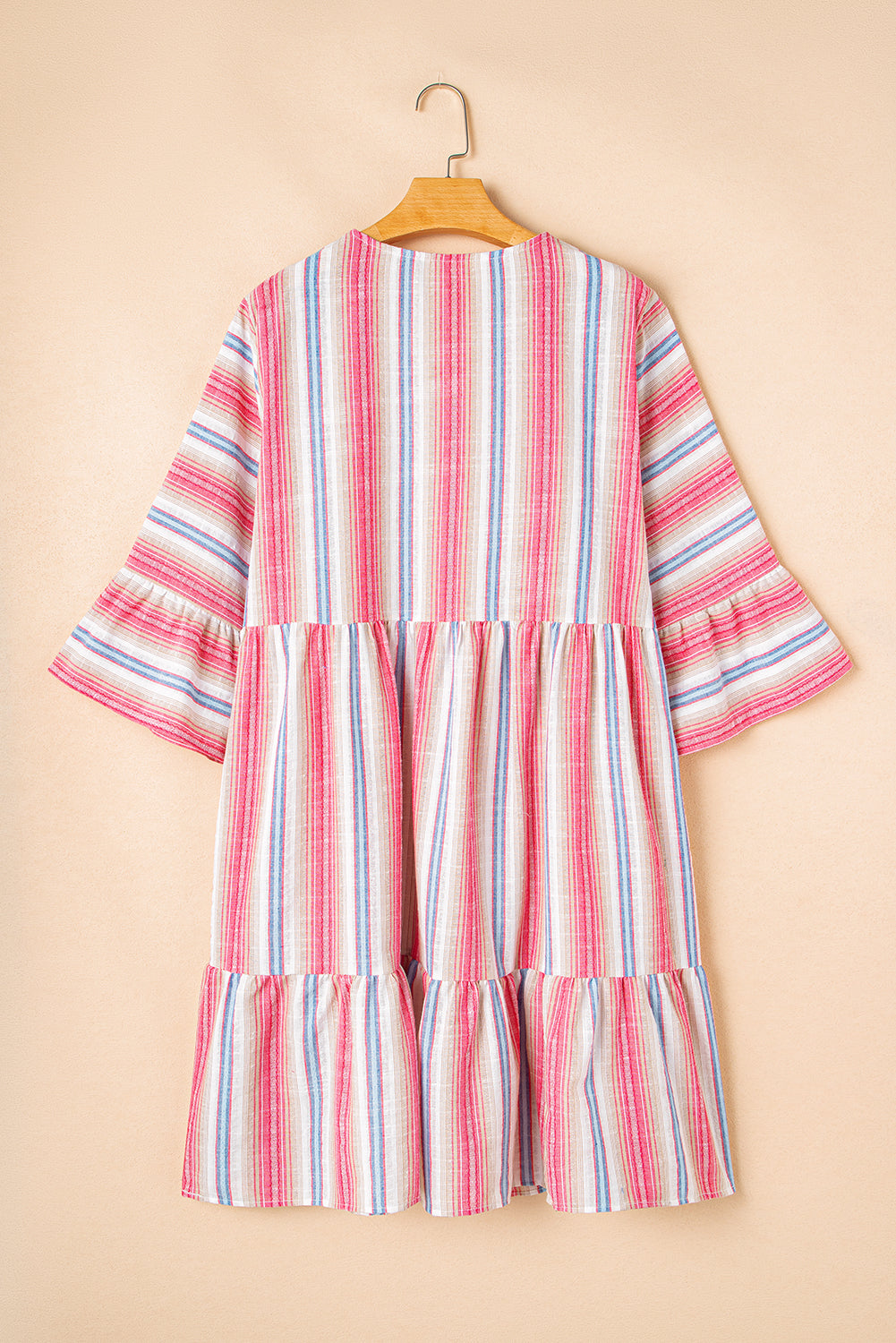 White Stripe Plus Size Embroidered Detail Flared 3/4 Sleeve V Neck Dress