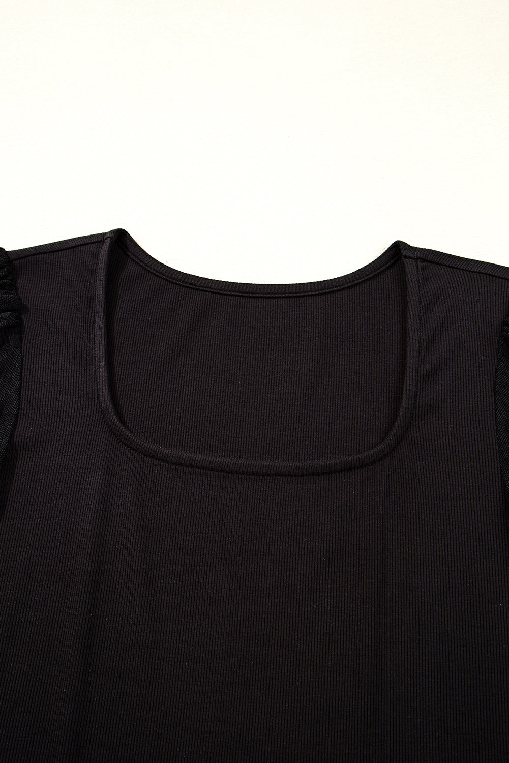 Black Polka Dot Mesh Puff Sleeve Patchwork Ribbed Square Neck Slim Top