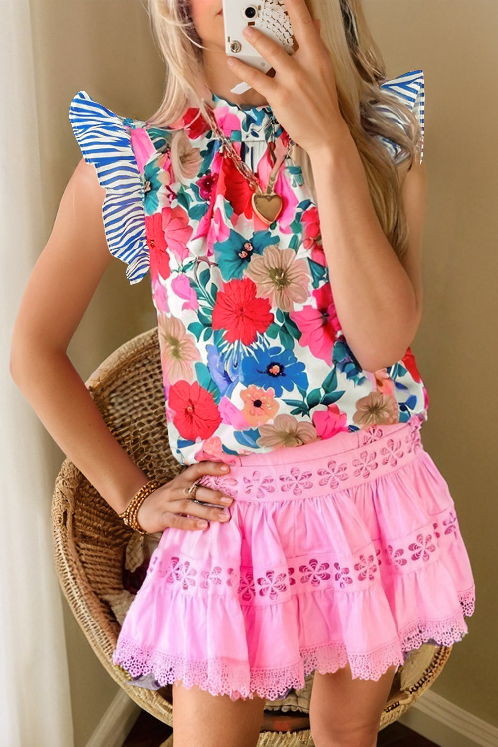 Sky Blue Floral Mock Neck Striped Flutter Sleeve Blouse