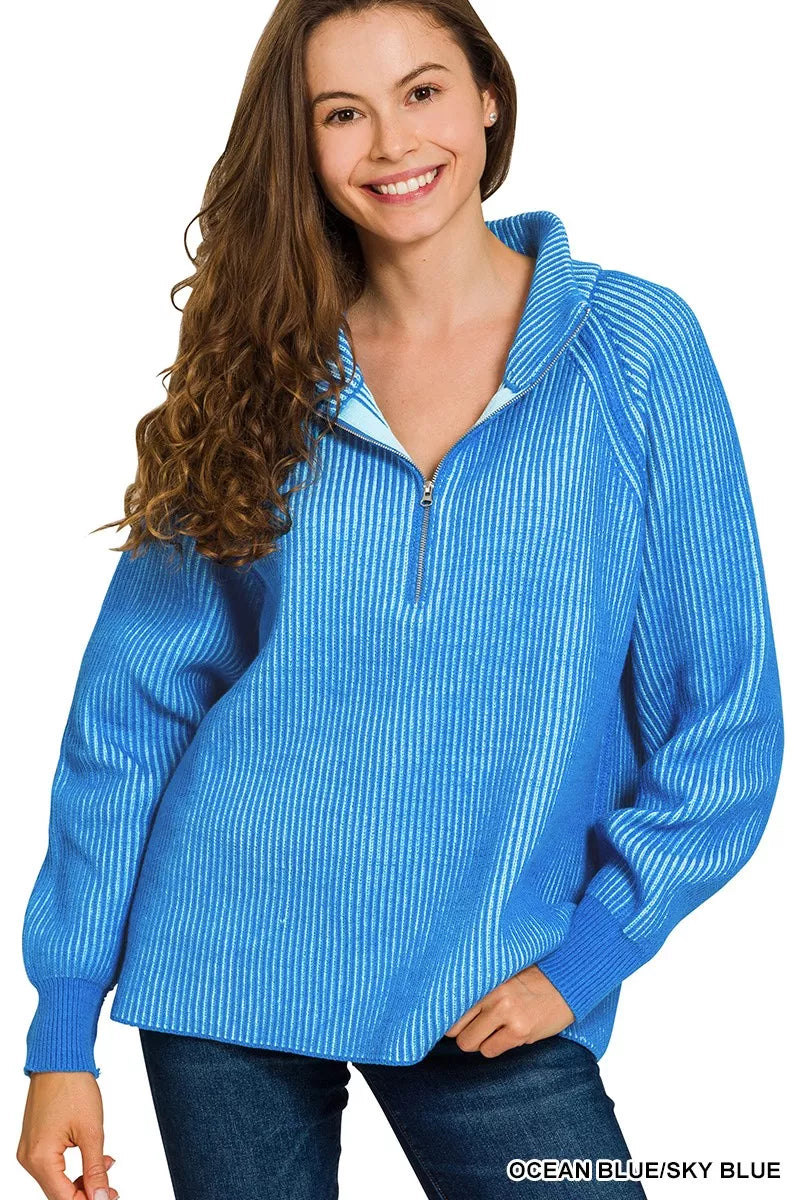 Ribbed Two Tone Half Zip Sweater