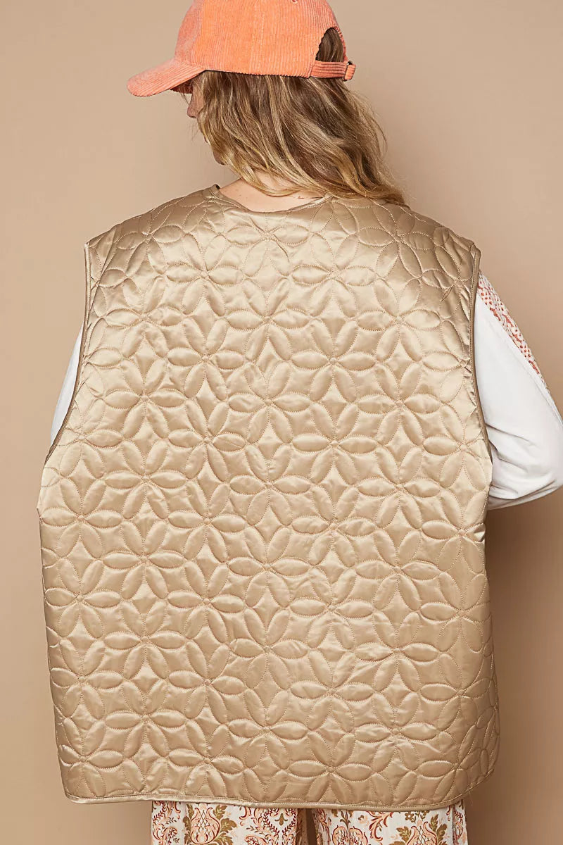 Front Zipper Floral Pattern Quilted Vest Coat with Front Pockets