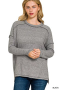 Full Size Melange Hacci Exposed Seam Hi-low Tee Plus Size