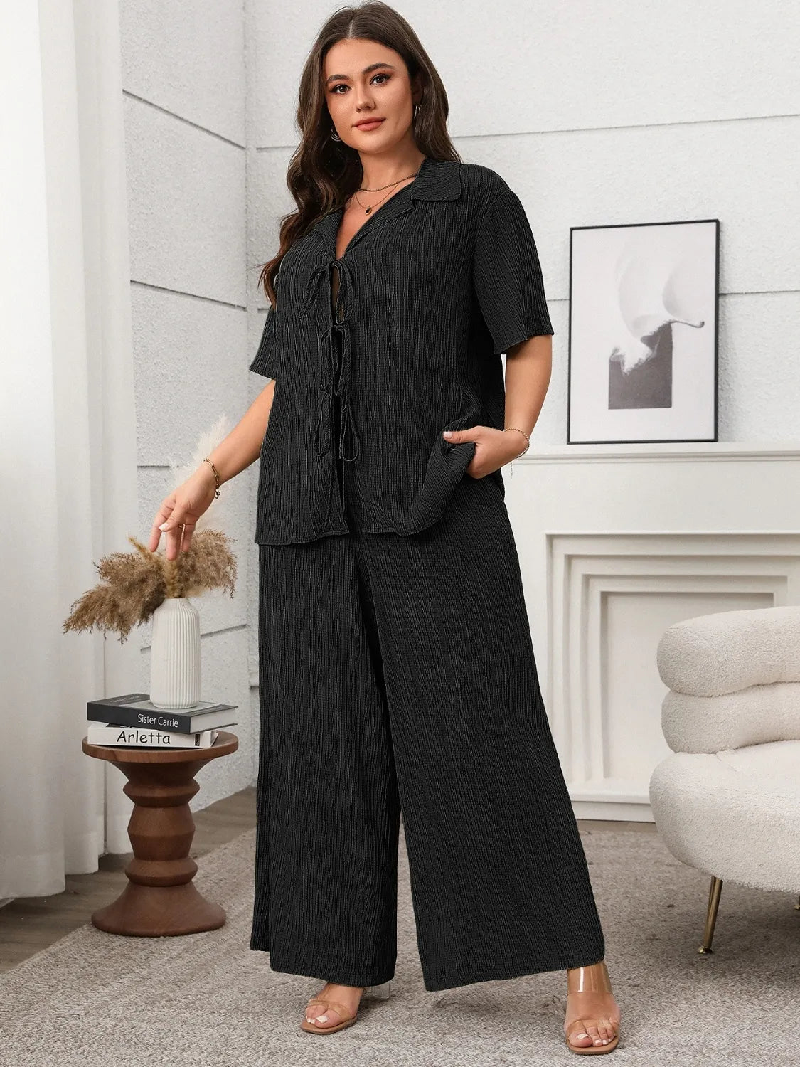 Plus Size Tie Front Short Sleeve Top and Pants Set