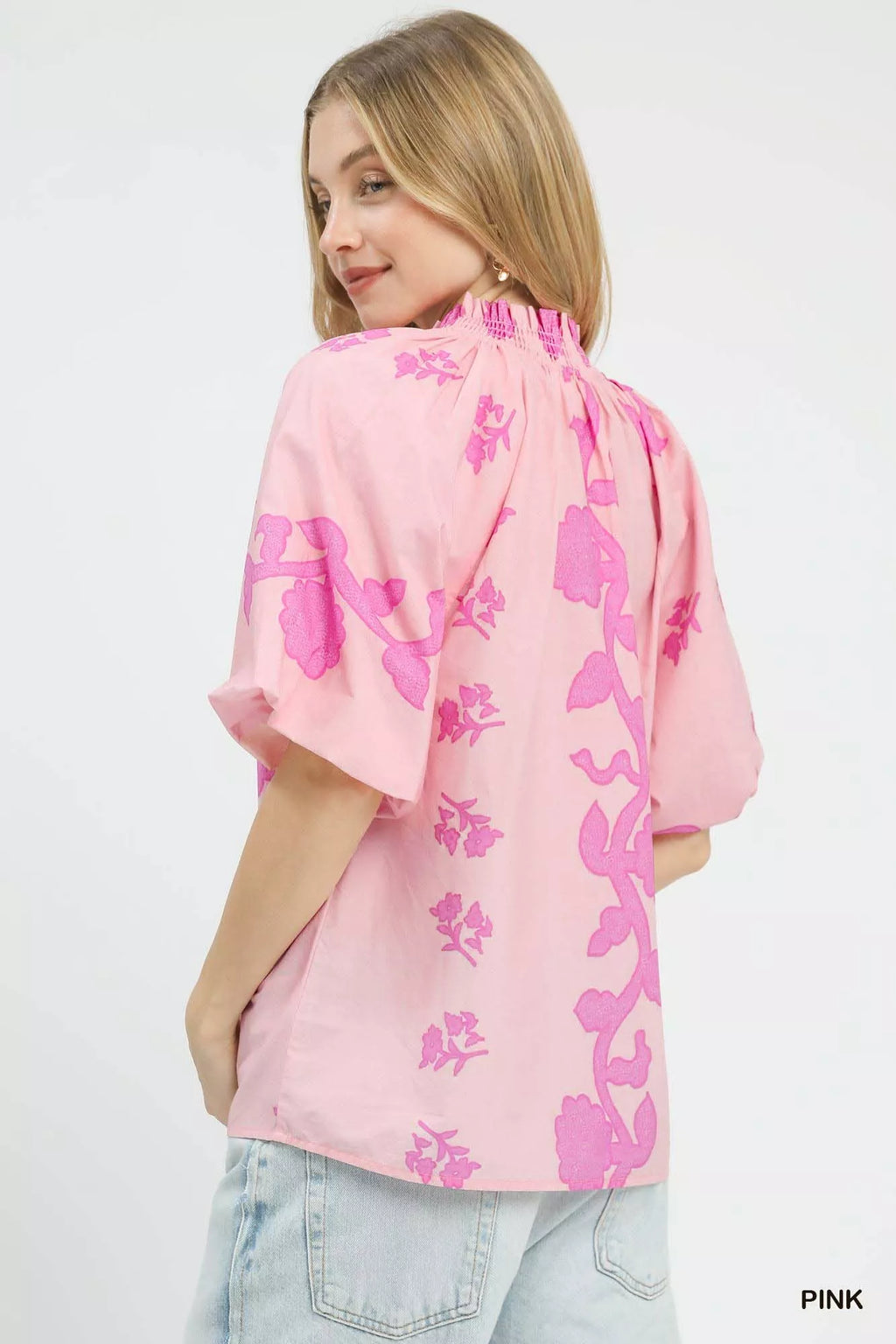 Floral Smocked Notched Puff Sleeve Blouse