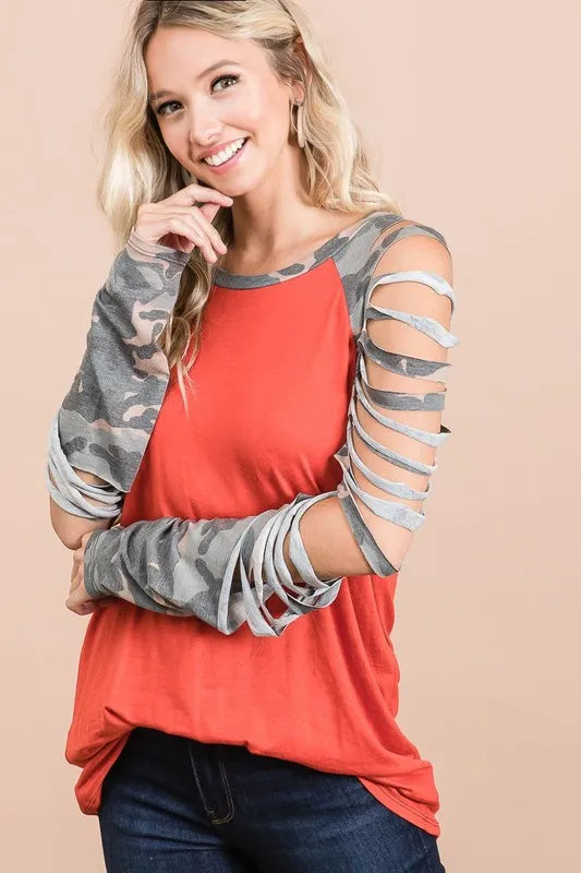 Jersey Knit Top with Camouflage Laser Cut Sleeves