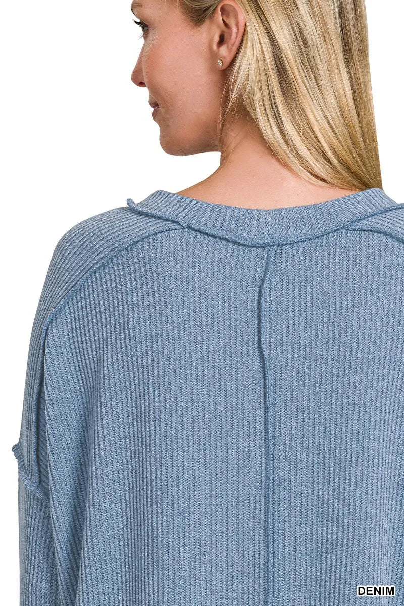 Ribbed Drop Shoulder Round Neck Sweater