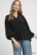 Textured V-Neck Blouse with Balloon Sleeves