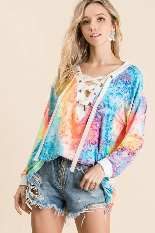 Tie Dye Deep V-neck Top With Lace Up Front