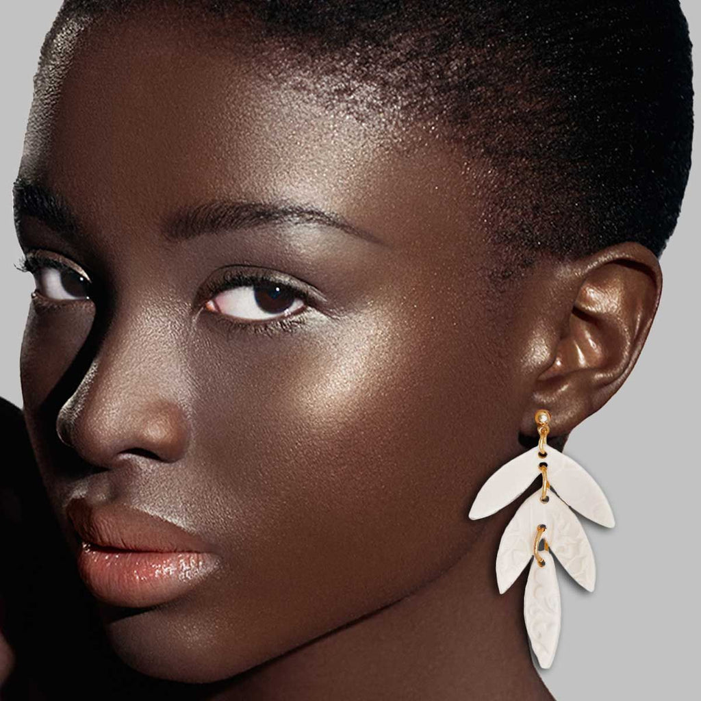 Bridal Earrings Pale Pink Clay Leaf Shape Stylish Statement Jewelry