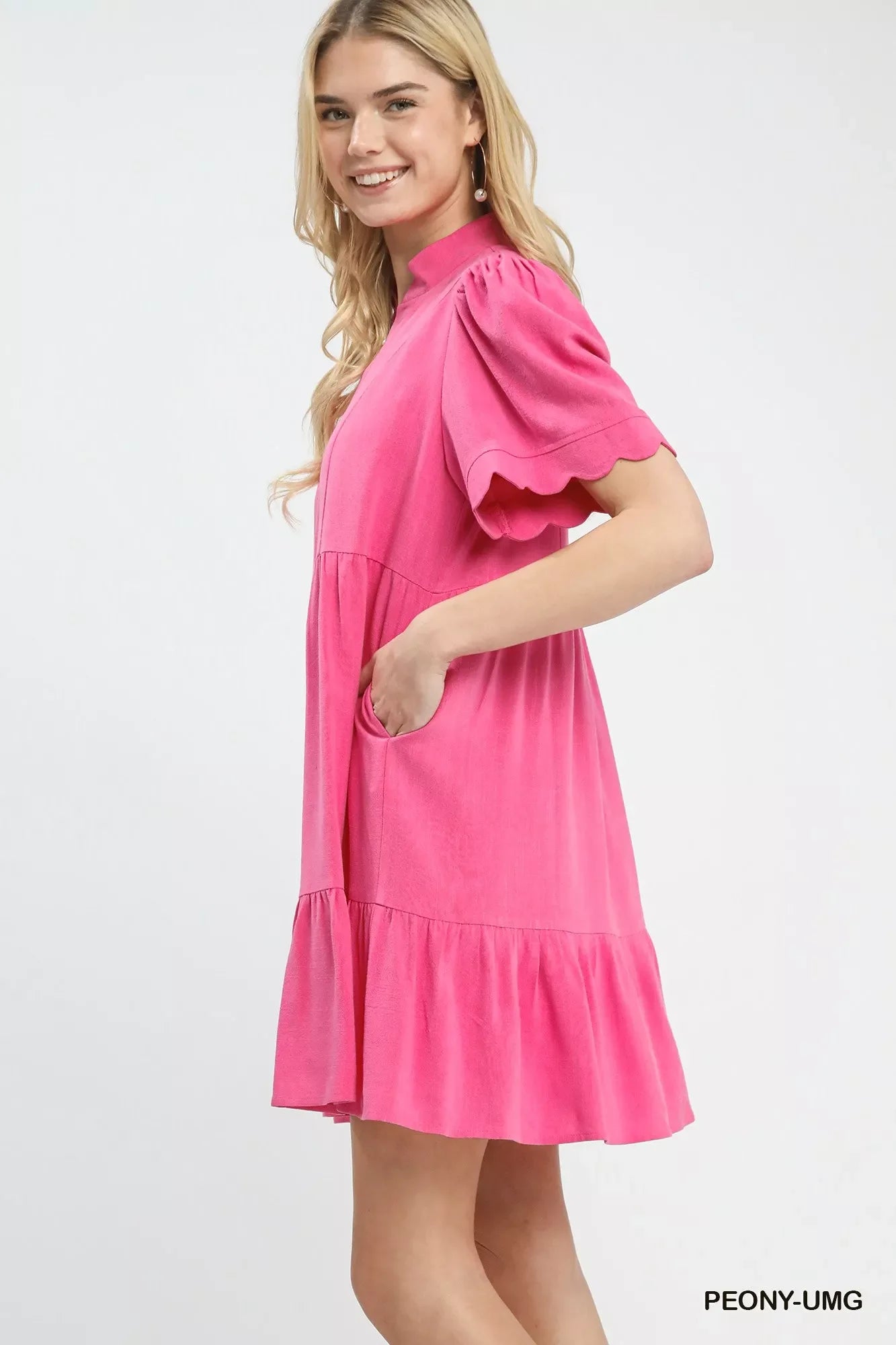 Linen Tiered Babydoll Dress with Scalloped Sleeves