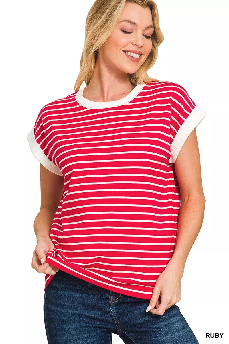 Full Size Contrast Trim Cap Sleeve Stripe Tee Plus Size