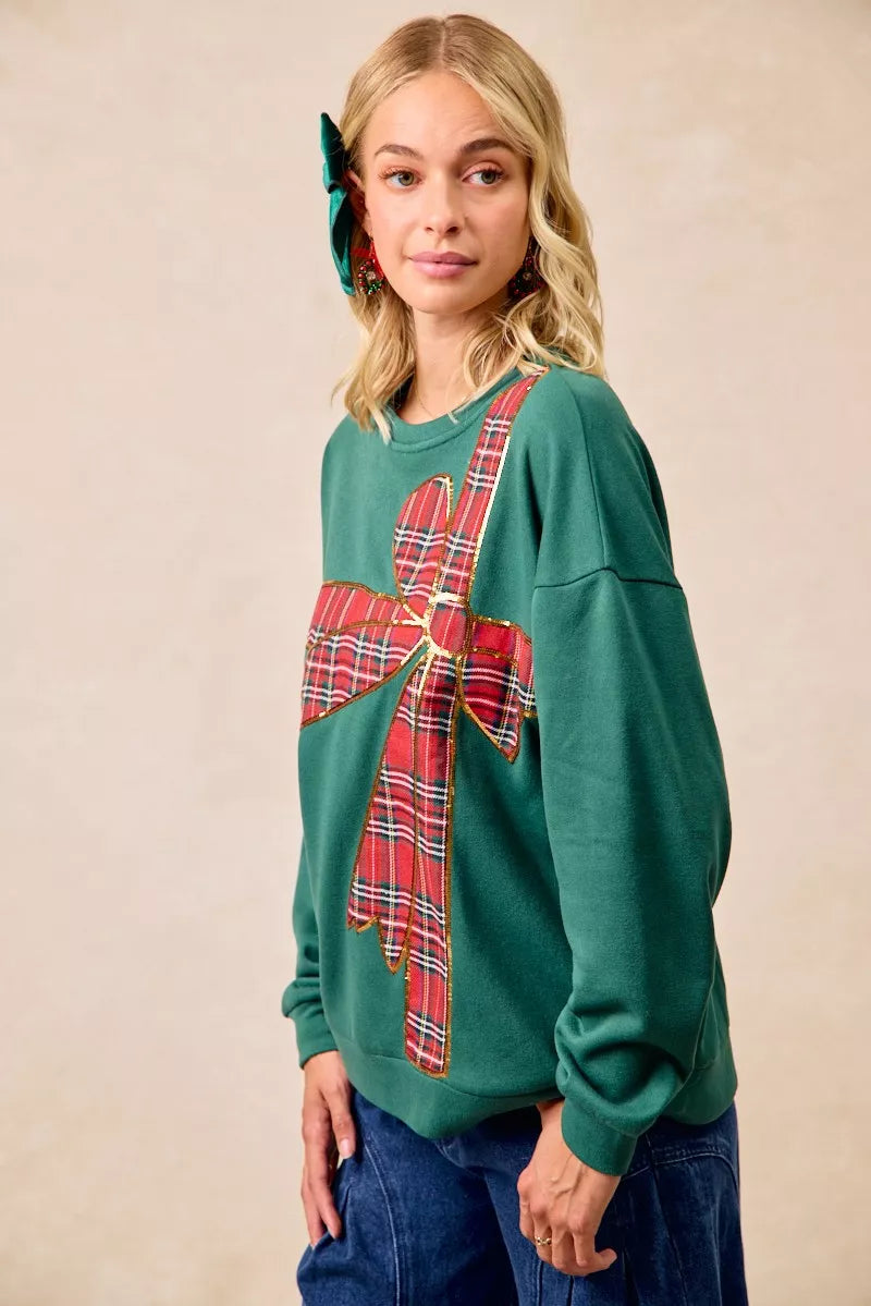 Plaid Ribbon Bow Detail Christmas Fleece Pullover