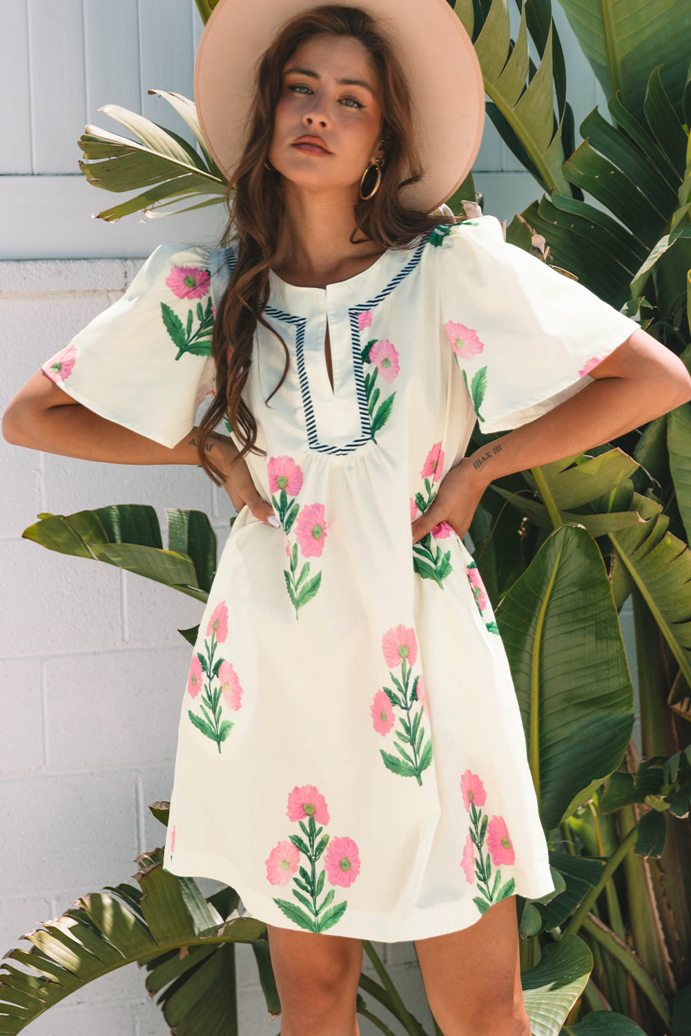 Apricot Floral Short Sleeve Split Neck Loose Mini Dress