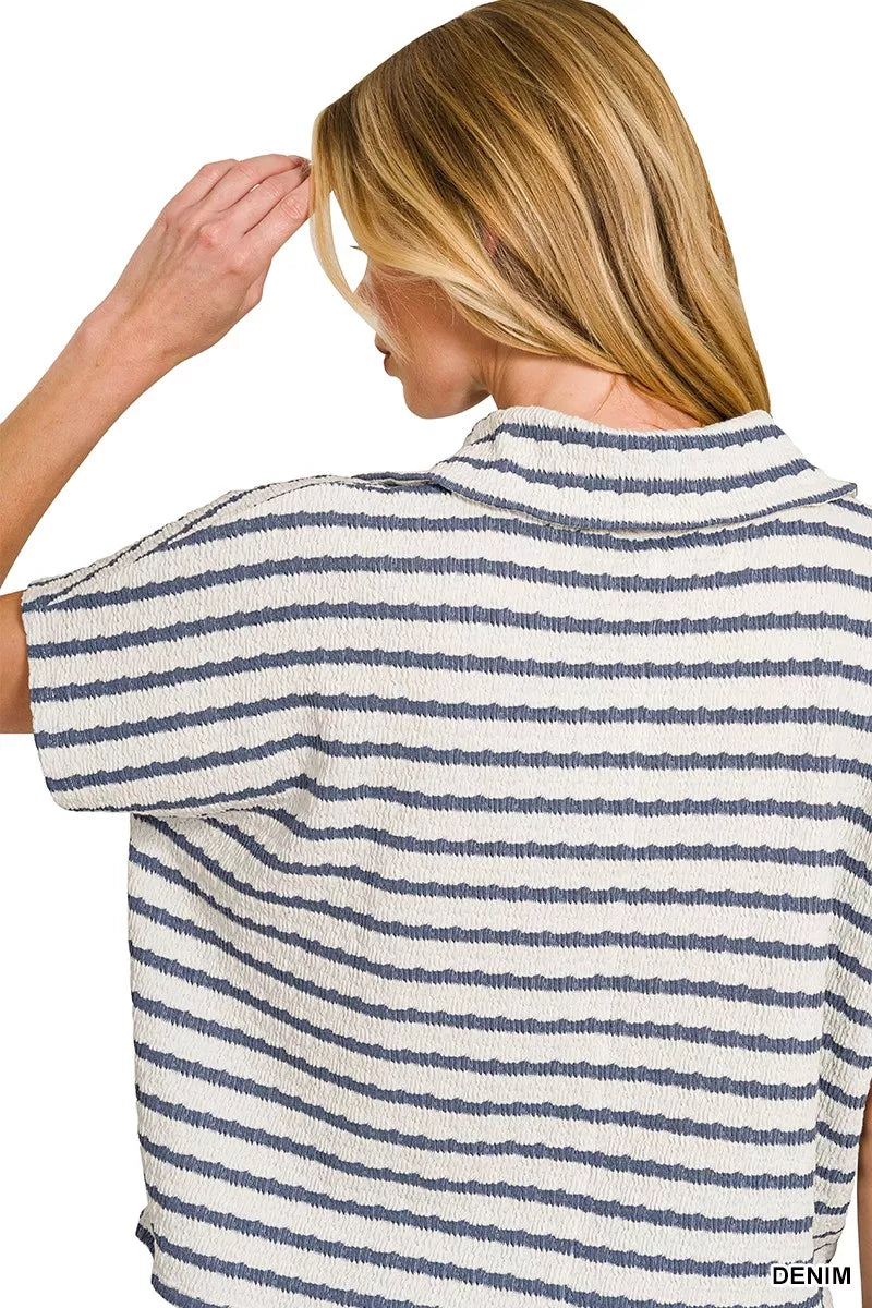 Striped Split Neck Collared Top