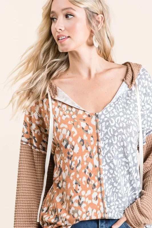 Popcorn Waffle Knit Hoodie with Print Block Front