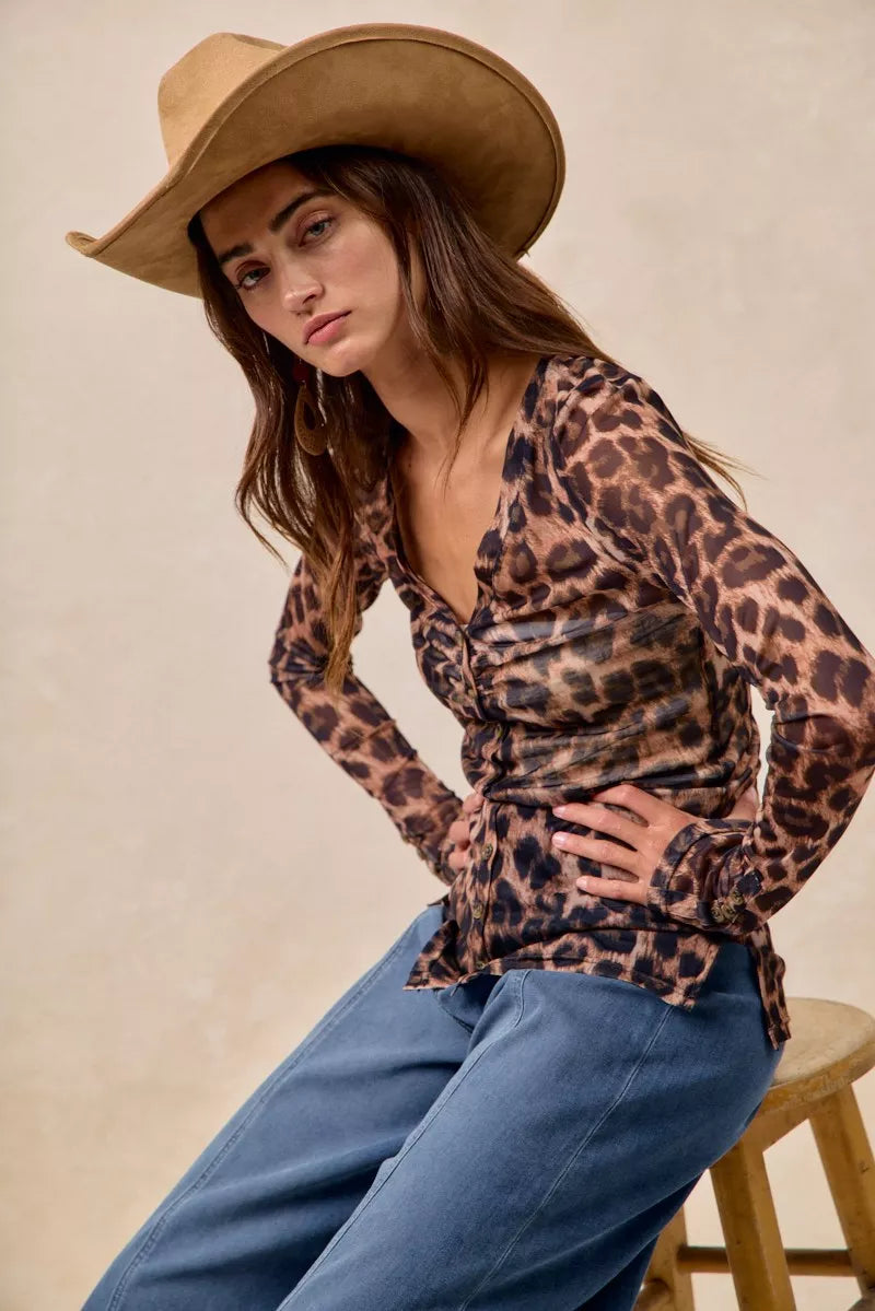 Leopard Printed Mesh Shirt With Button Up V Neck