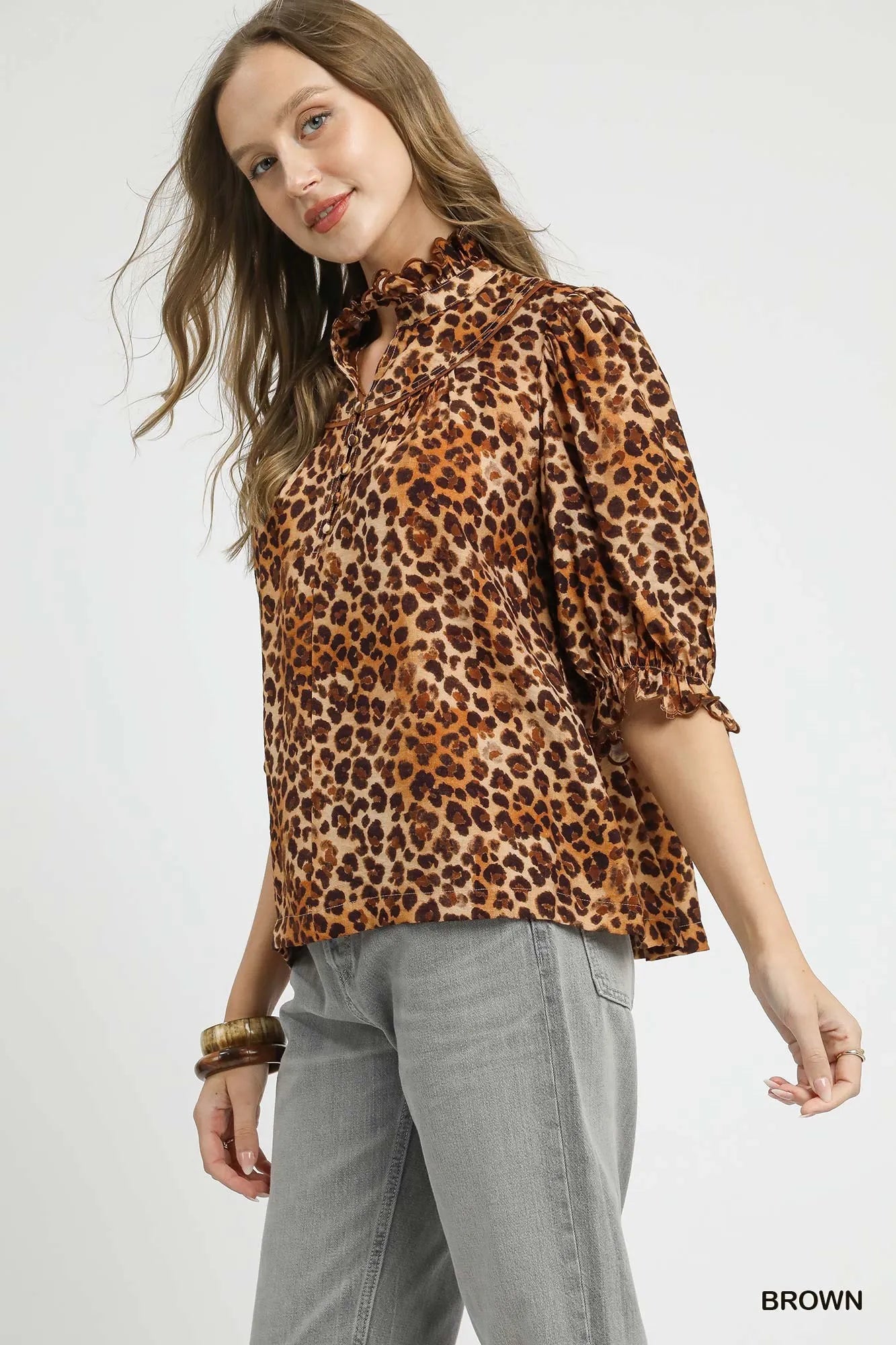 Full Size Leopard Print Ruffle Neck Blouse Plus Size