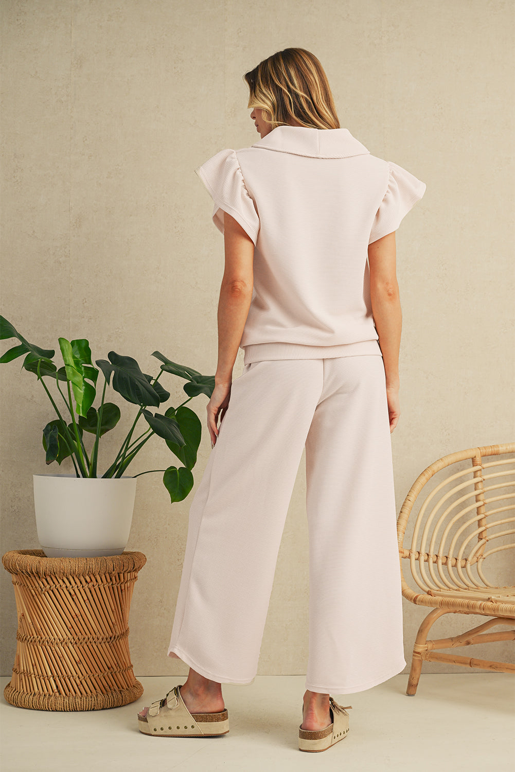 Black Textured Ruffle Sleeve Zipped Top and Wide Leg Pants Set