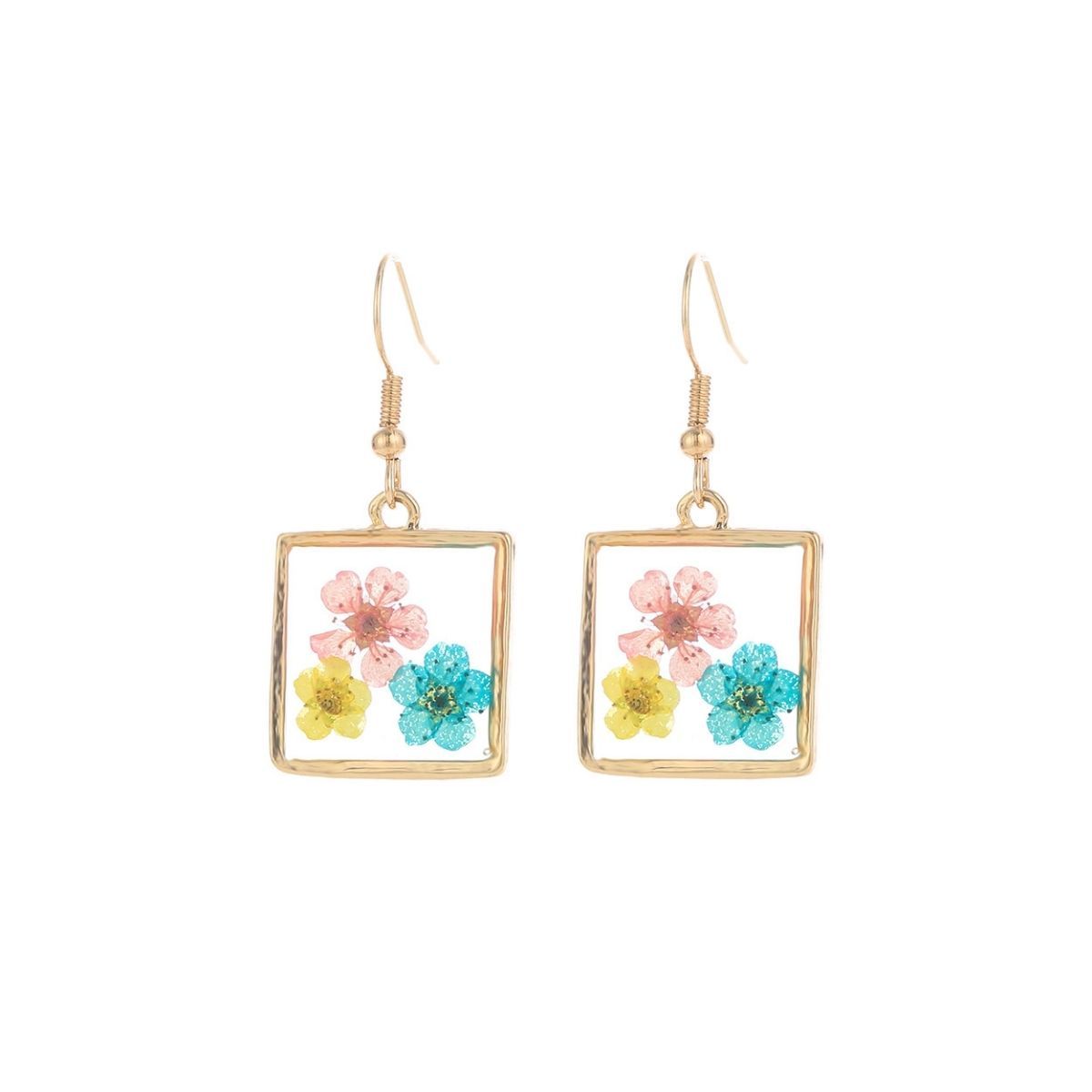 Statement Square Gold Dried Flower Earrings Stylish Chic Jewelry
