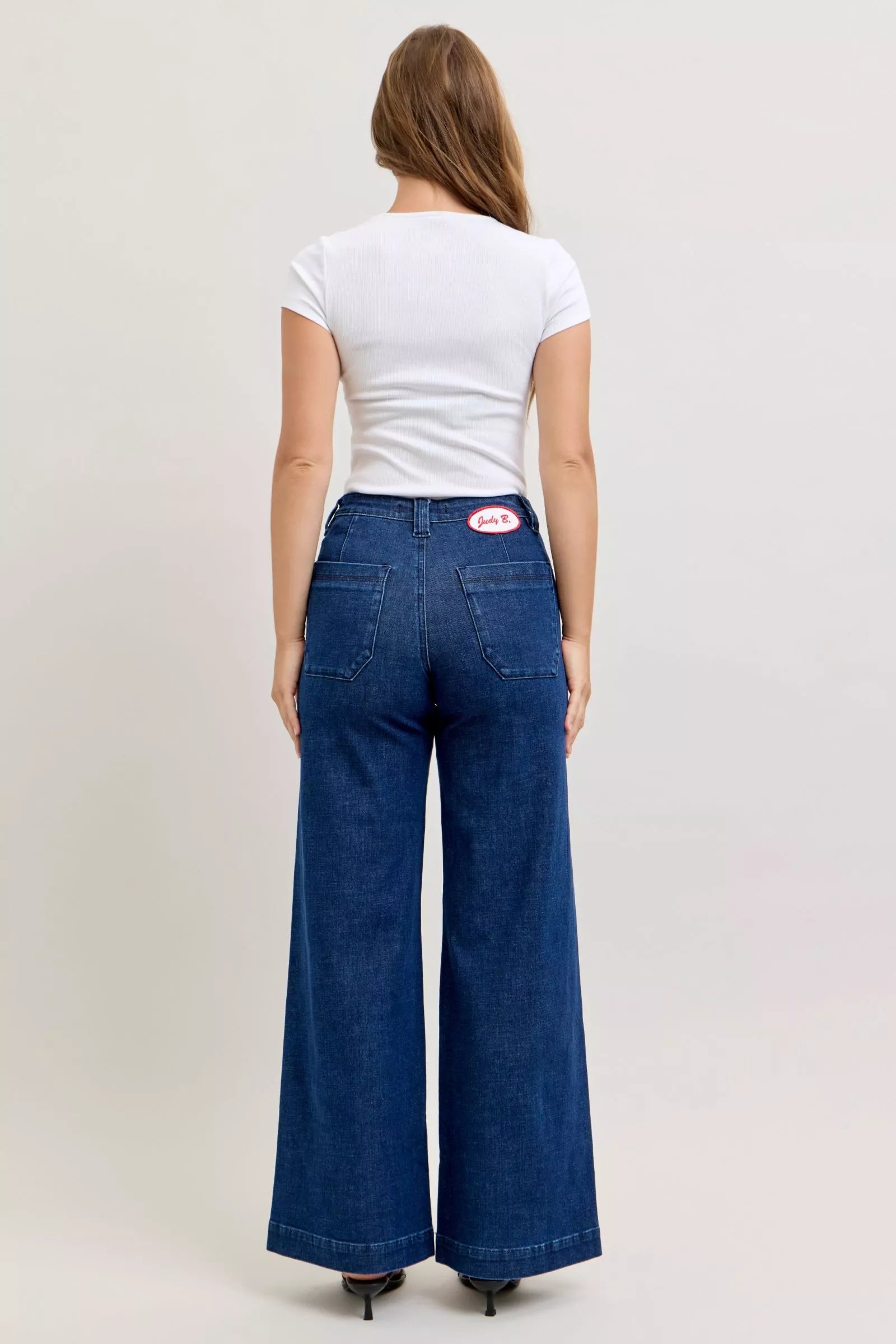 High-Waisted Retro Wide Jeans with Patch Pkts & Twisted Seams