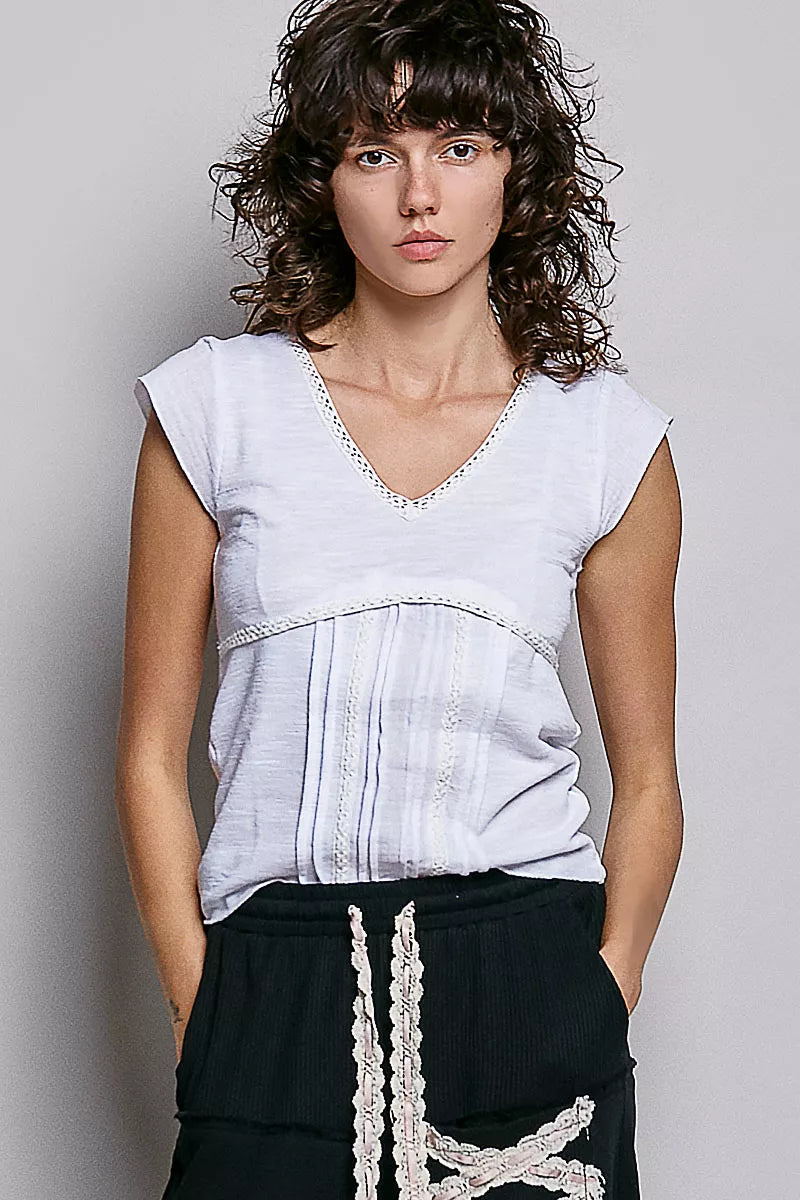 V-Neck Lightweight Textured Short Sleeve Knit Top with Lace Trim