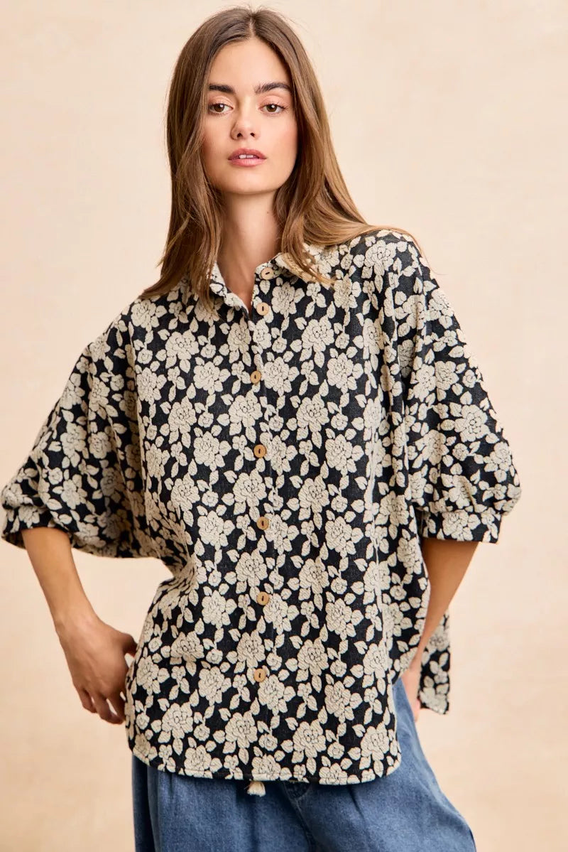 Floral Jacquard Short Dolman Sleeves Shirt