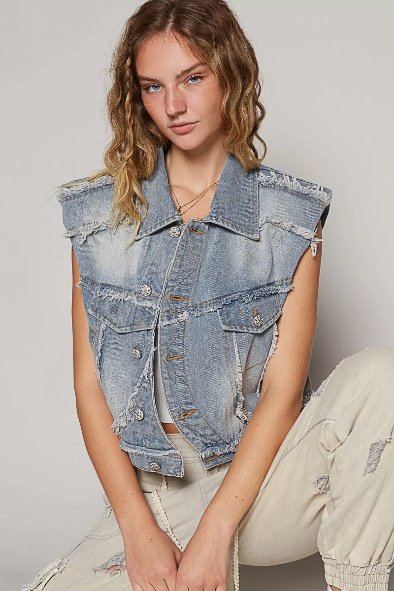 Assymetrical Front Closure Raw Hem Denim Vest