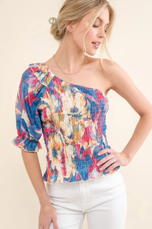 Allover Floral Print Smocked One Shoulder Blouse