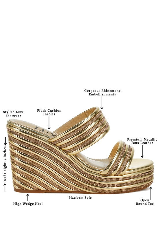 Benched Metallic Faux Leather Wedge Sandals