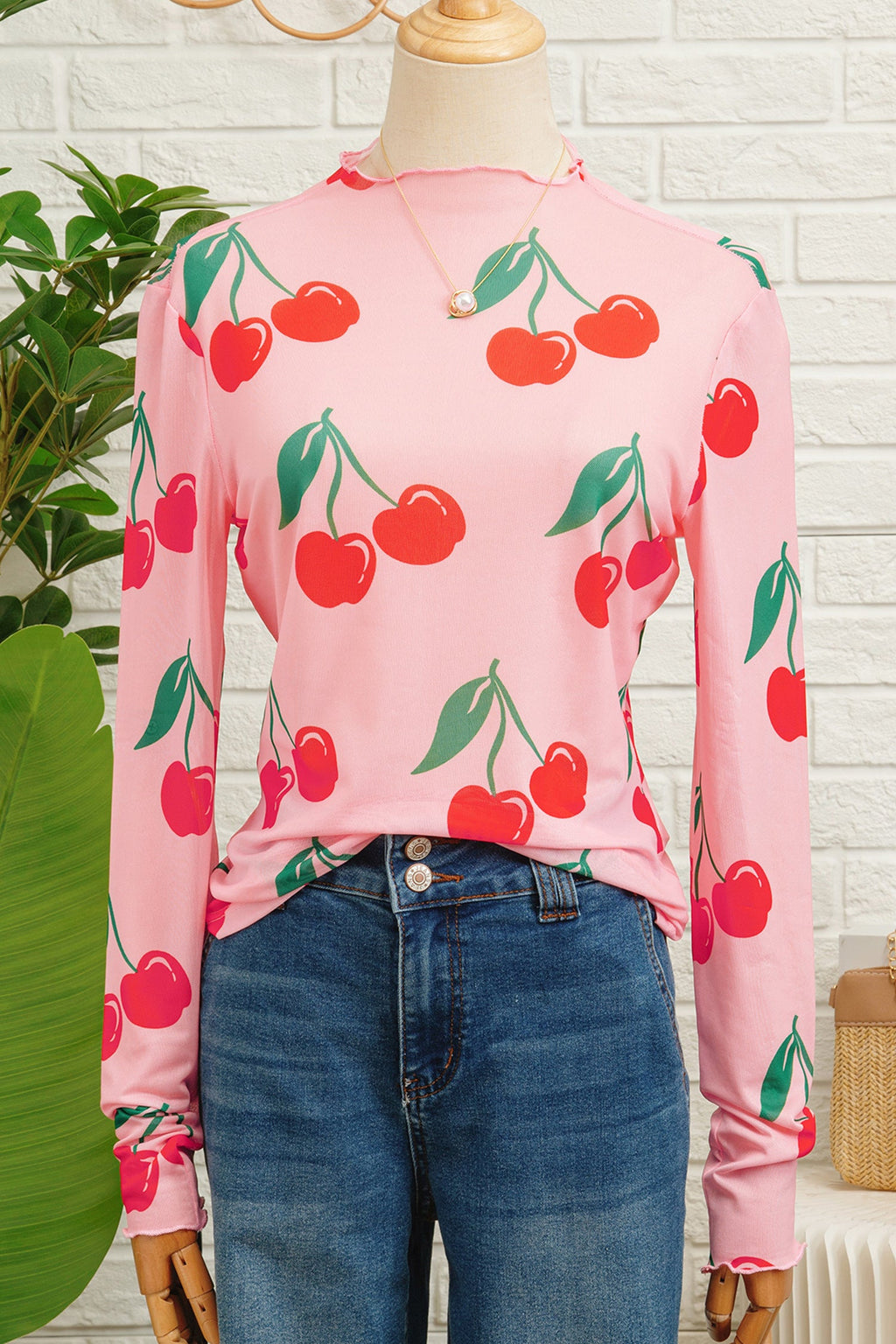 Pink Cherry Print Lettuce Trim Long Sleeve Mesh Top