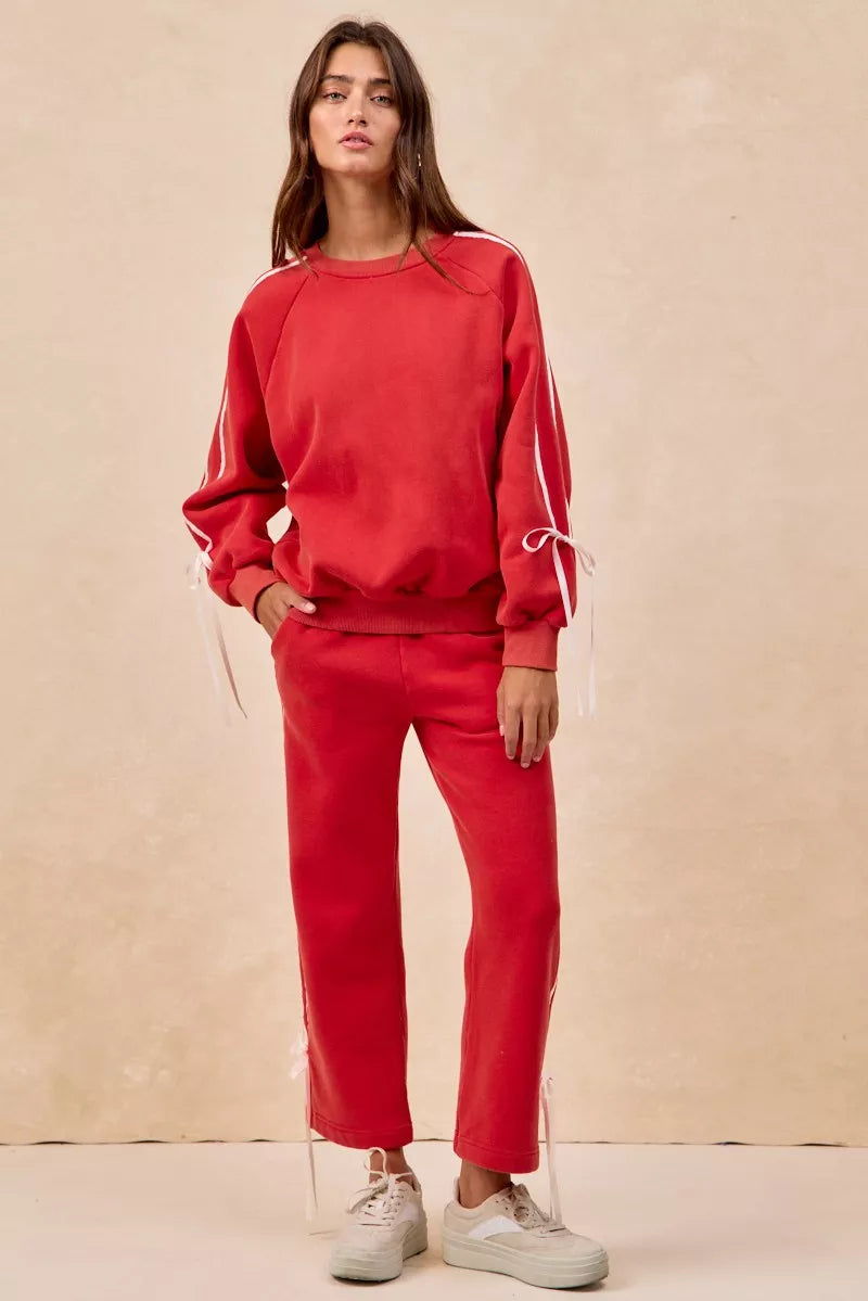Side Lined Bow Details Fleece Sweatpants