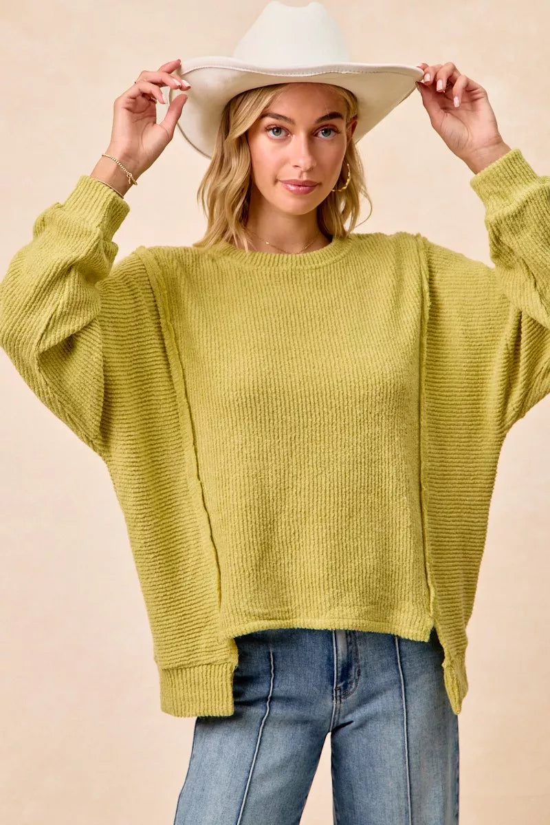Boucle Rib Knit Uneven Hem Sweater With Open Seam