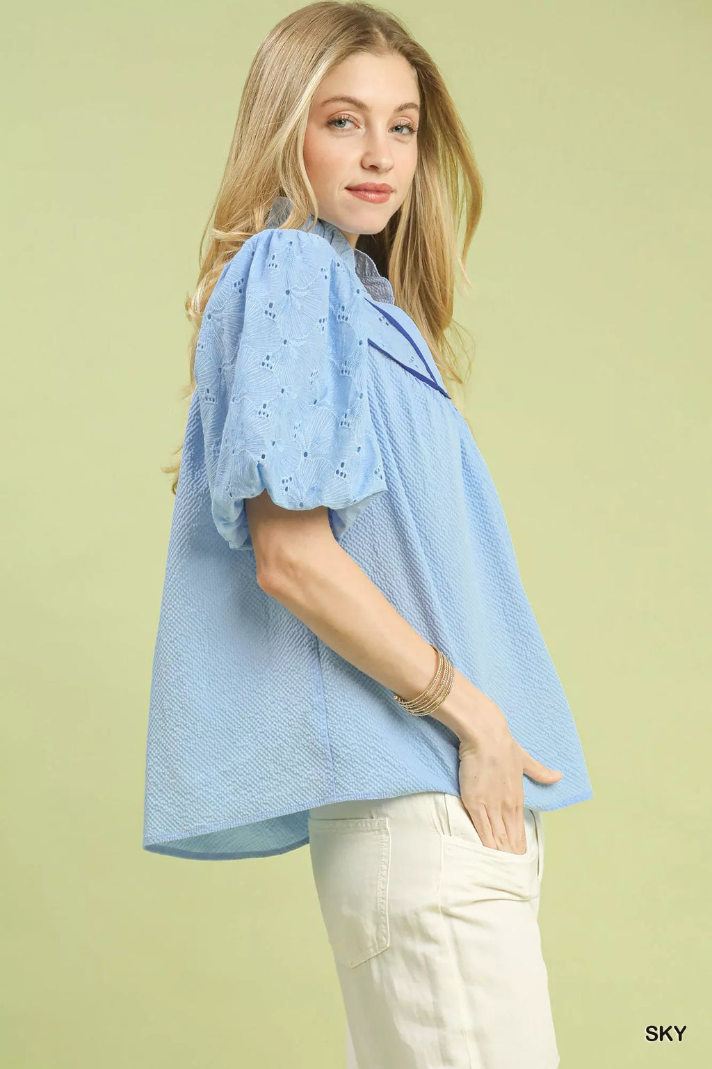 Puff Sleeve Eyelet Mix Top with Contrast Piping