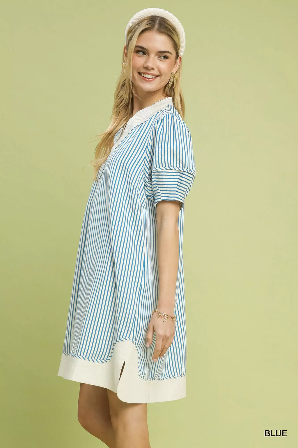Pinstripe Shift Dress with Contrast Trim