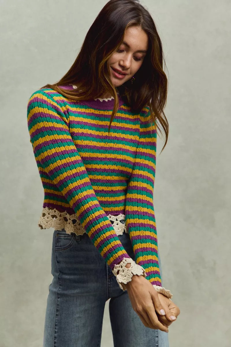 Mardi Gras Striped Cropped Knit Top with Crochet Edge