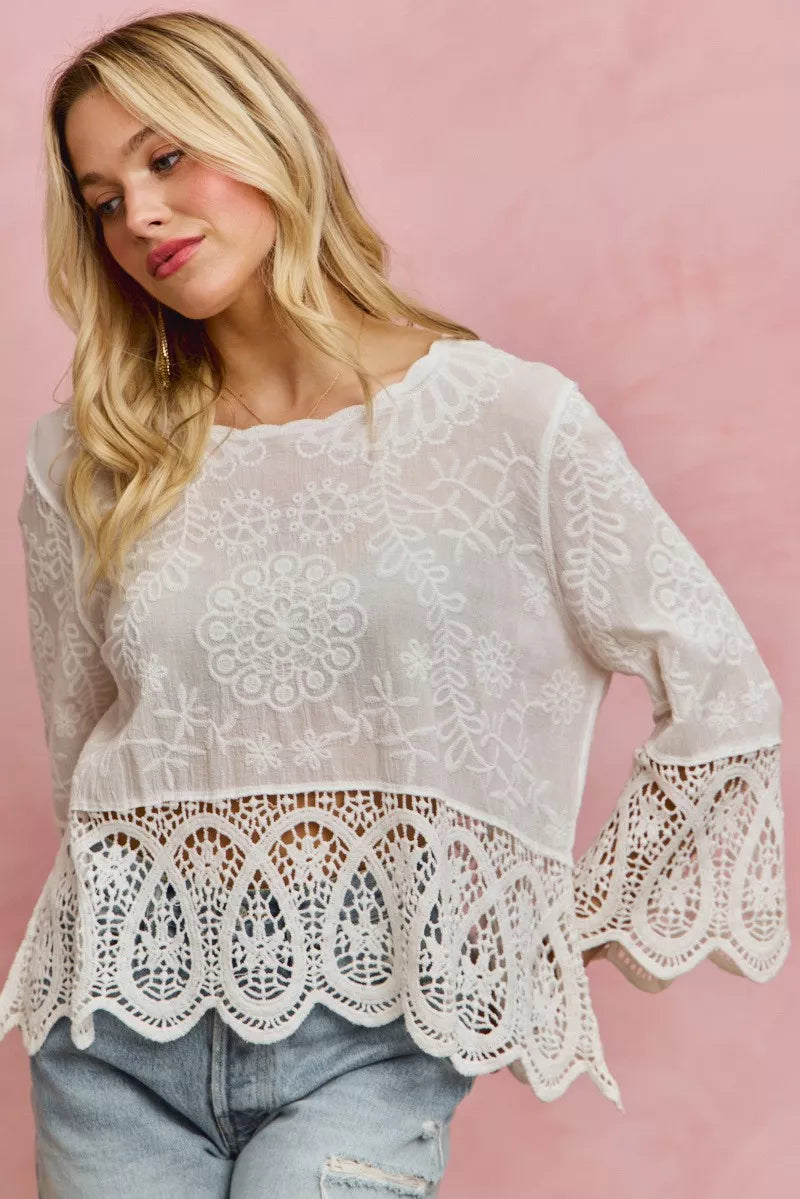 Floral Embroidered Crochet Lace Trimmed Top