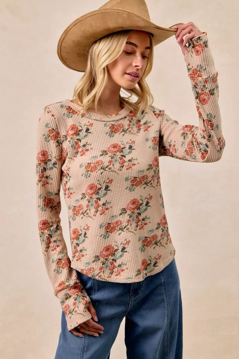 Floral Print Washed Waffle Thermal Top with Thumb
