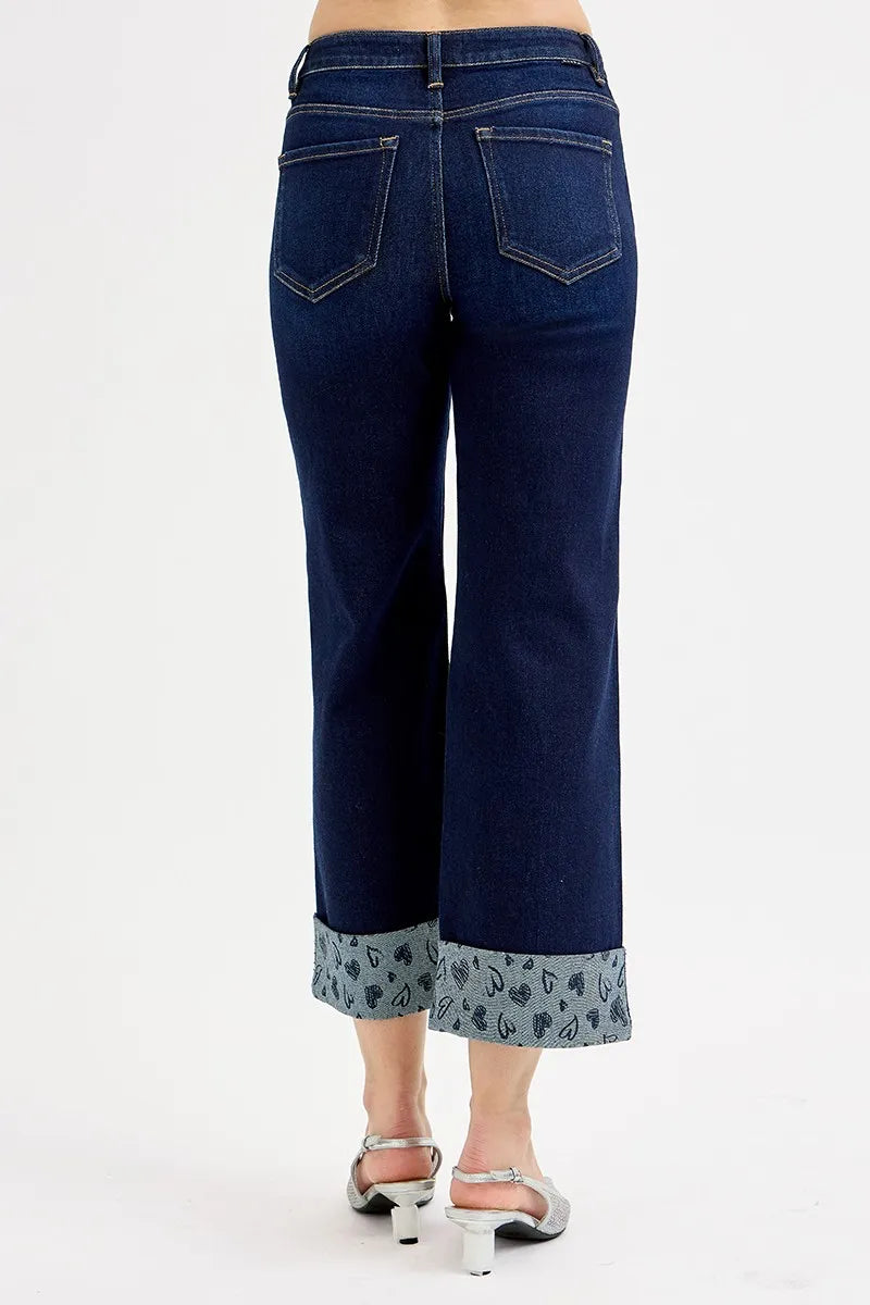 I am a Fashion Junky Full Size Mid Rise Fit Crop Wide With Printed Cuff Jeans Plus Size