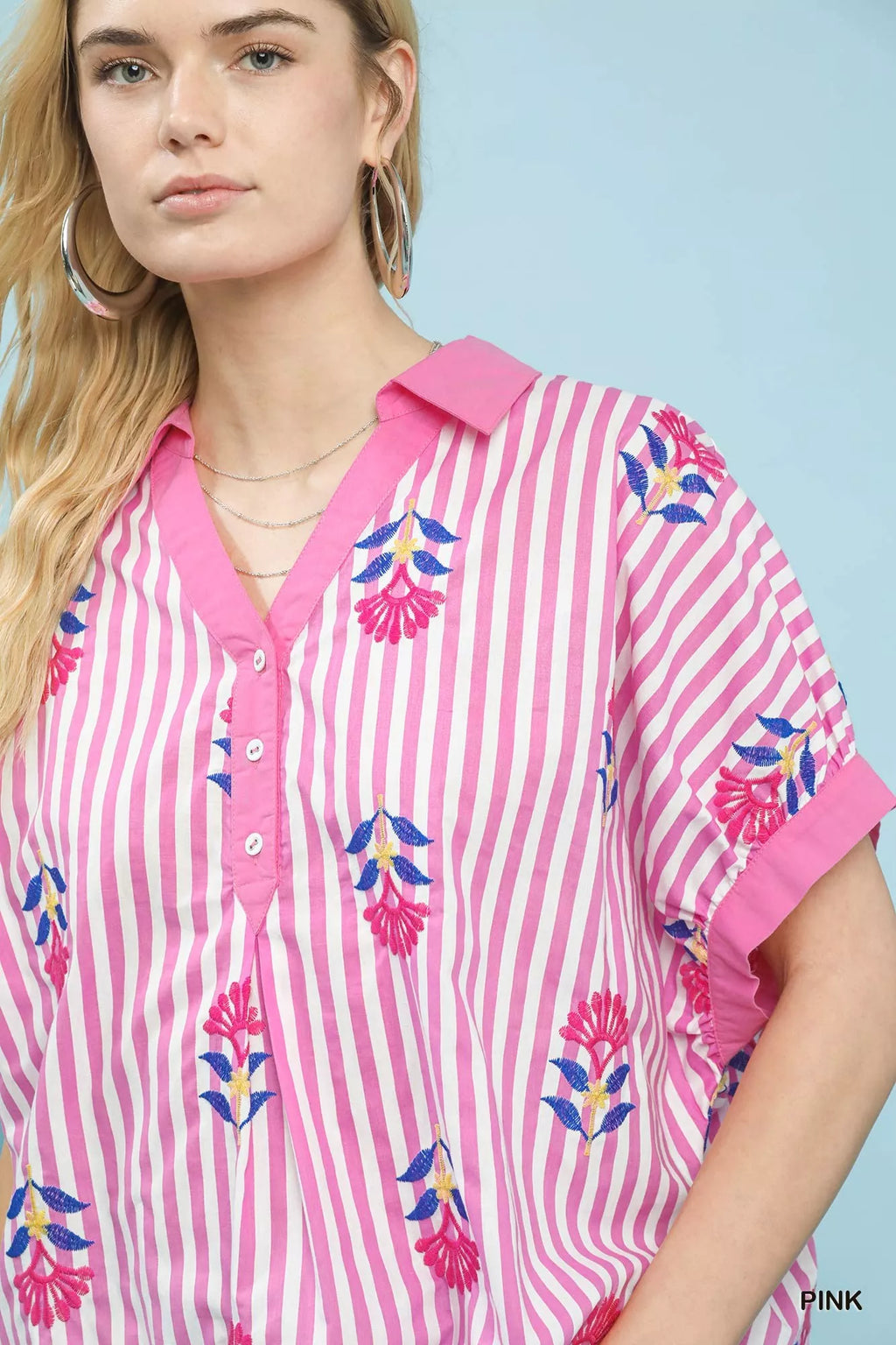 Stripe Embroidered Button-Front Boho Blouse