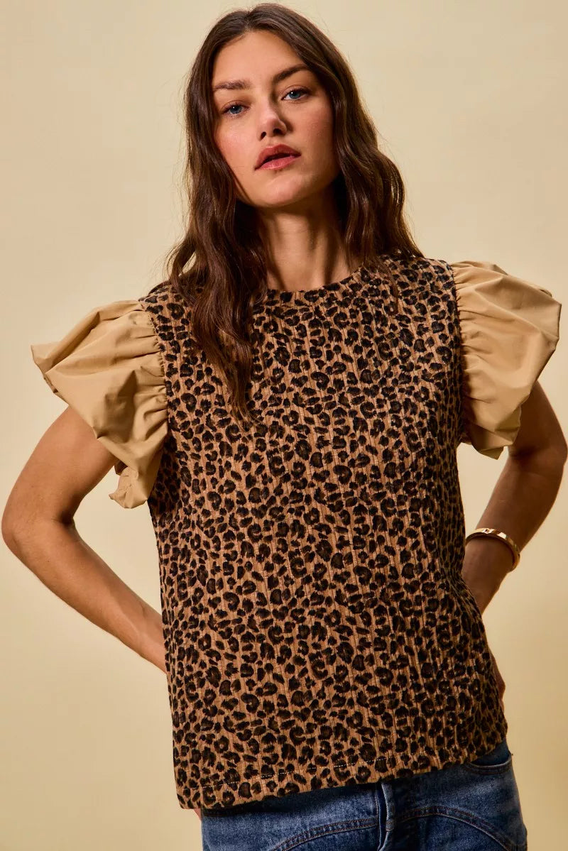 Leopard Pointelle Knit Top with Puff Sleeves