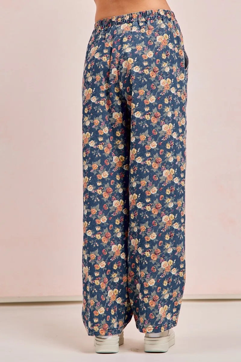 Washed Floral Print Wide Leg Jeans