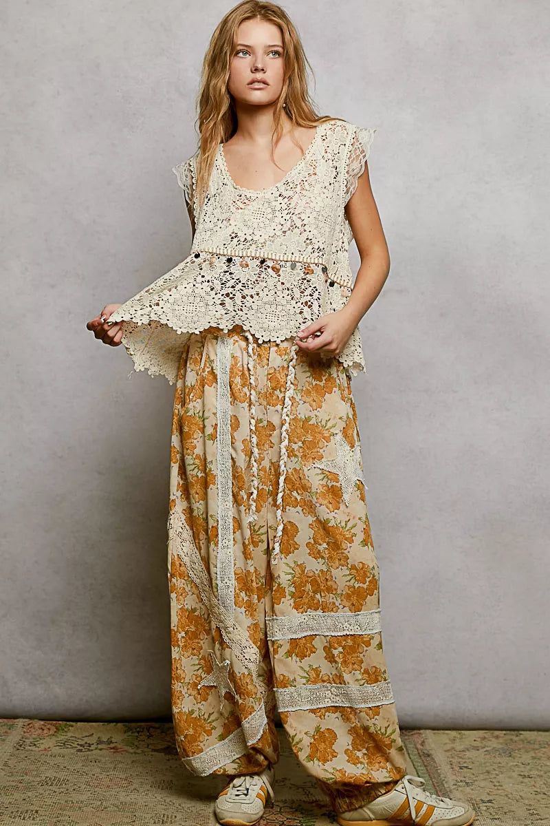 Lace Trim Openwork V-Neck Crochet Tank with Scalloped Edge