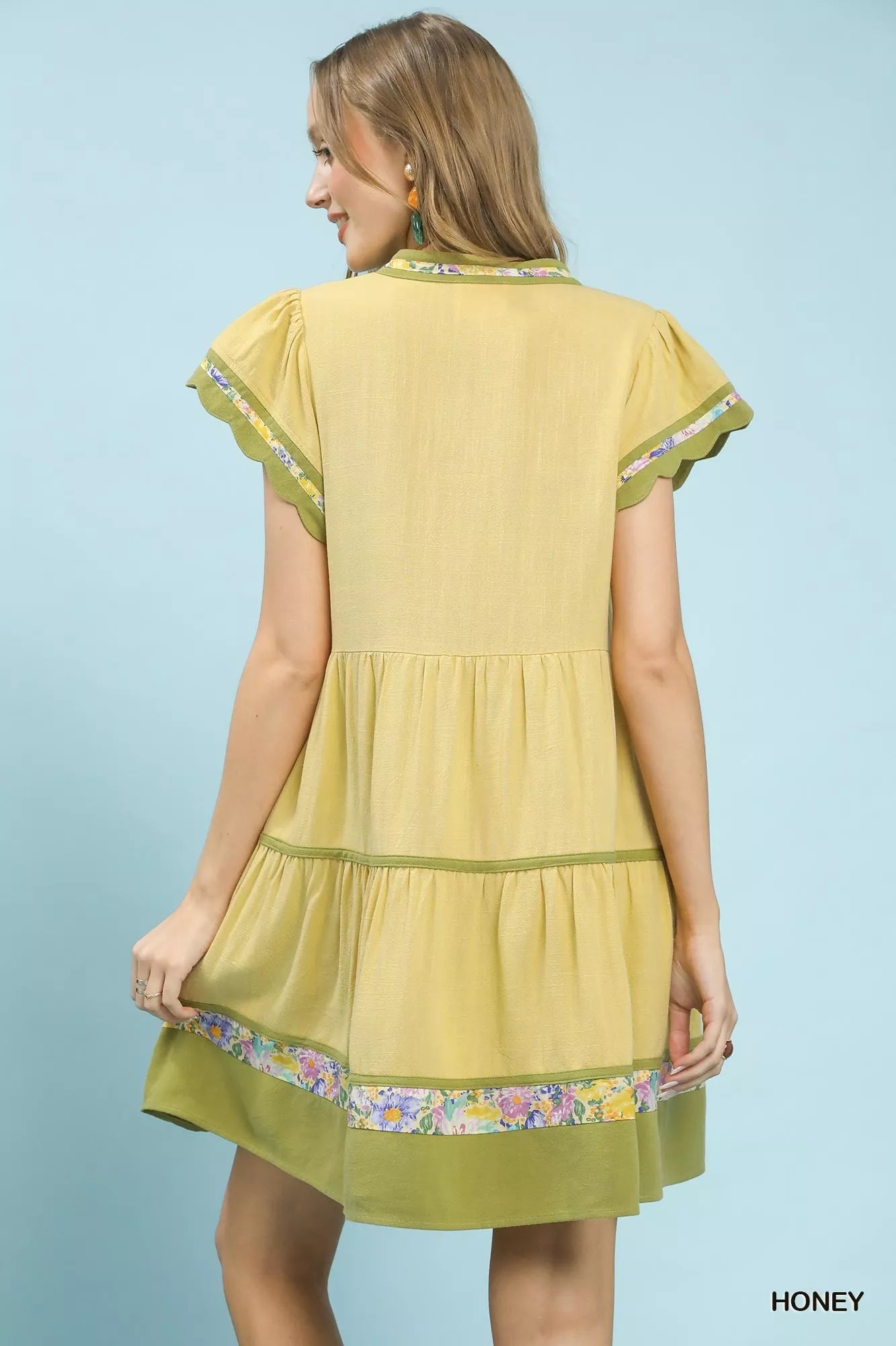 Linen Tiered Flutter Sleeve Dress with Floral Trim