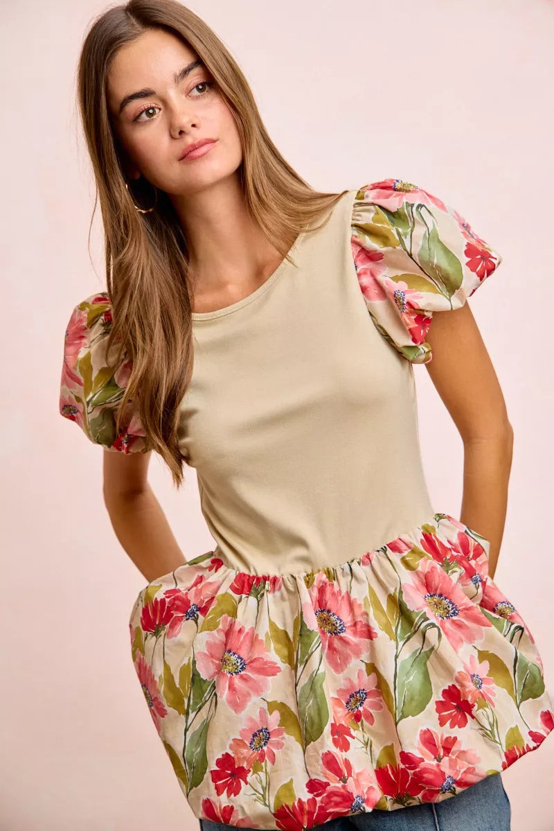 Floral Printed Bubble Sleeves and Hem Peplum Top