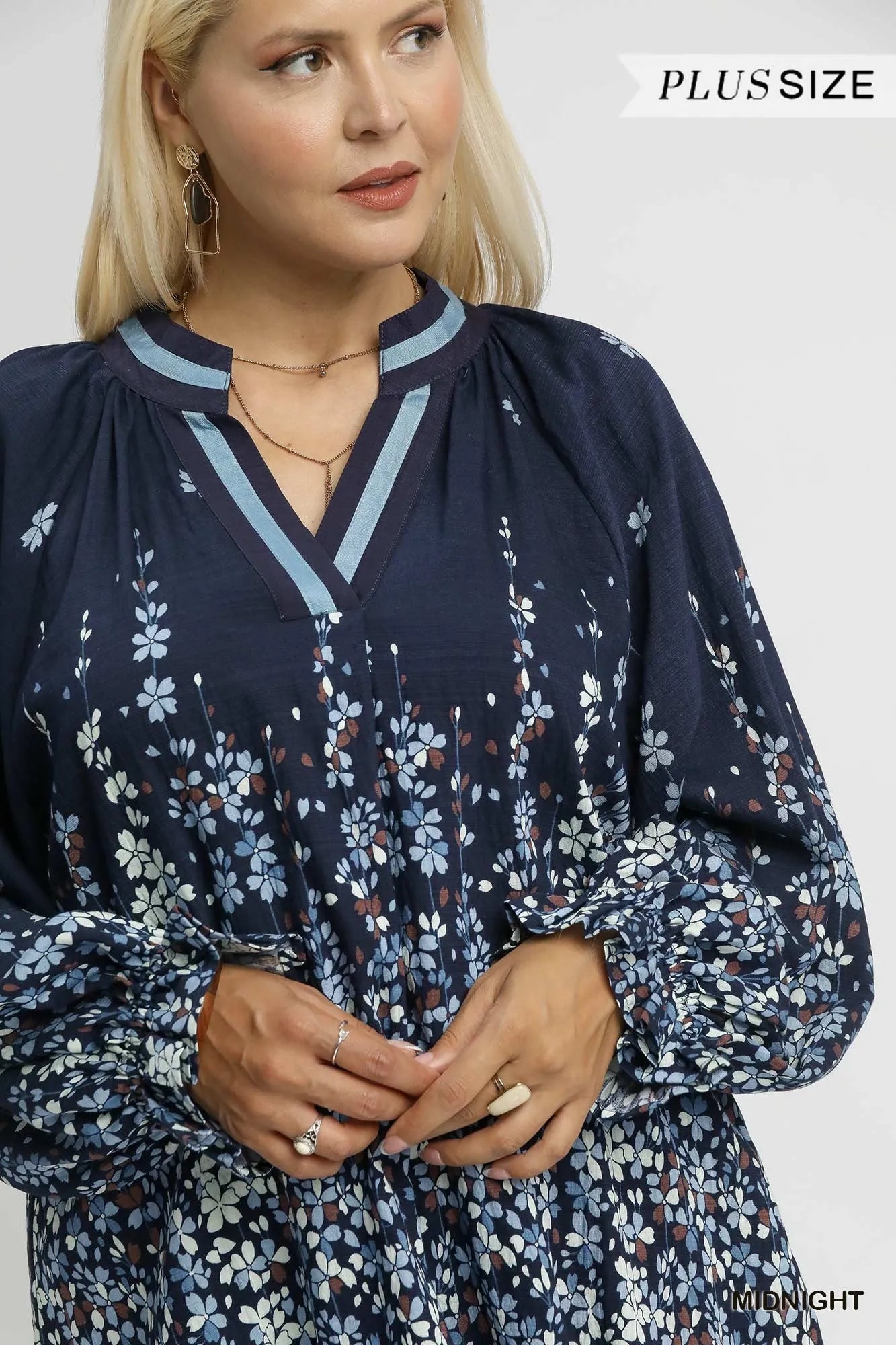 Full Size Floral Vine Print Blouse with Balloon Sleeves Plus Size